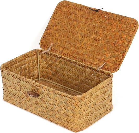 FEIALNDUO Wicker Shelf Baskets with Lid,Seagrass Storage Basket Bins Rectangular Handwoven Basket Boxes for Shelves Desktop Home Organizer (Natural, X-Small)