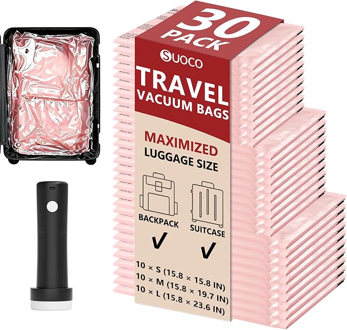 Travel Vacuum Bags for Clothing with Rechargeable Pump 30 Combo, Pink | Compression Packing Cubes Organizer Storage for Luggage Suitcase, Space Saver Seal Bags for Vacation Cruise
