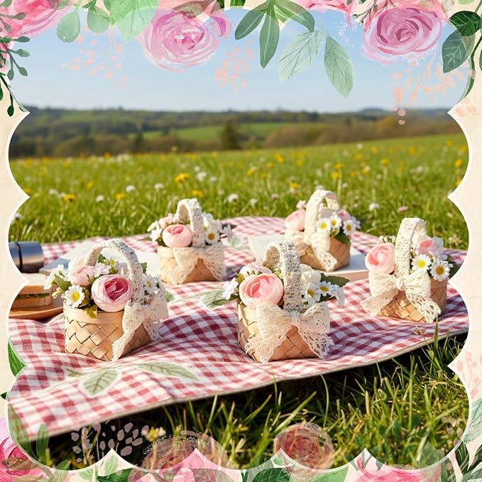 12 Pcs Mini Flower Girl Basket Mini Woven Baskets with Handles Wood Chip Flower Fruit Picnic Holder with White Lace Ribbon Chip Bucket for Wedding Party Gifts Baby Shower Birthday Decoration