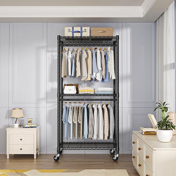 FUTASSI Heavy-Duty Portable Closet, 30"W x 14"D x 76"H, Black, Carbon Steel | Metal Rolling Clothing Rack, Closet System with Wheels and Shelves for Hanging Clothes, Portable Wardrobe Organizer Storage