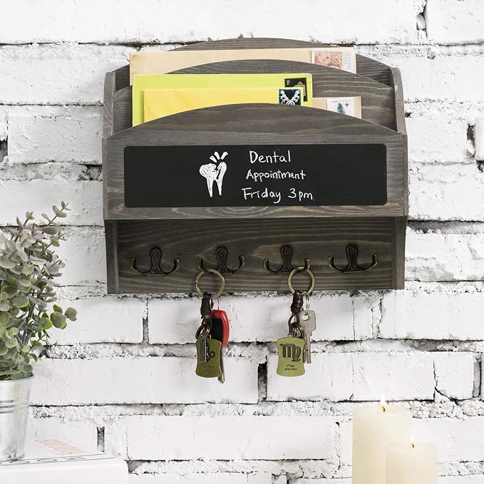 MyGift 2-Compartment Vintage Gray Wood Wall Mounted Entryway Mail Organizer Letter Sorter with Chalkboard Label Surface and 4 Double Key Hooks