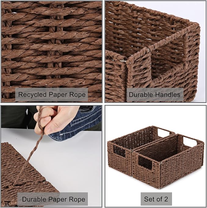 Vagusicc Wicker Storage Basket, Set of 2 Hand-Woven Paper Rope Wicker Basket, Small Storage Baskets for Organizing Toilet Paper, Foldable Large Cube Storage Organizer Bins for Shelves (Brown)
