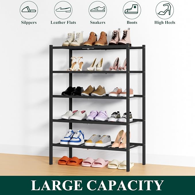 Smiry Bamboo Shoe Rack, 14 Vertical Slats, 5 Tier - 26.8" Wide, Black | Stackable Free Standing Wooden Shoe Organizer, Wood Shoe Storage Shelf for Closet, Entryway, Thicher Leg