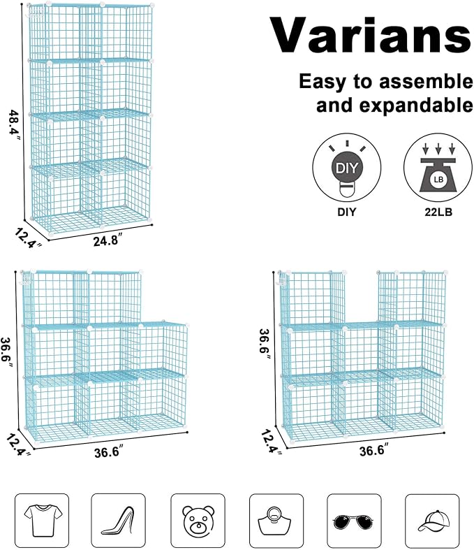 C&AHOME Wire Cube Storage, 8 - Cube Organizer Metal C Grids Units, Blue | Modular Shelves Units, Closet Organizer, Storage Bins Shelving, Ideal for Home, Office, Living Room
