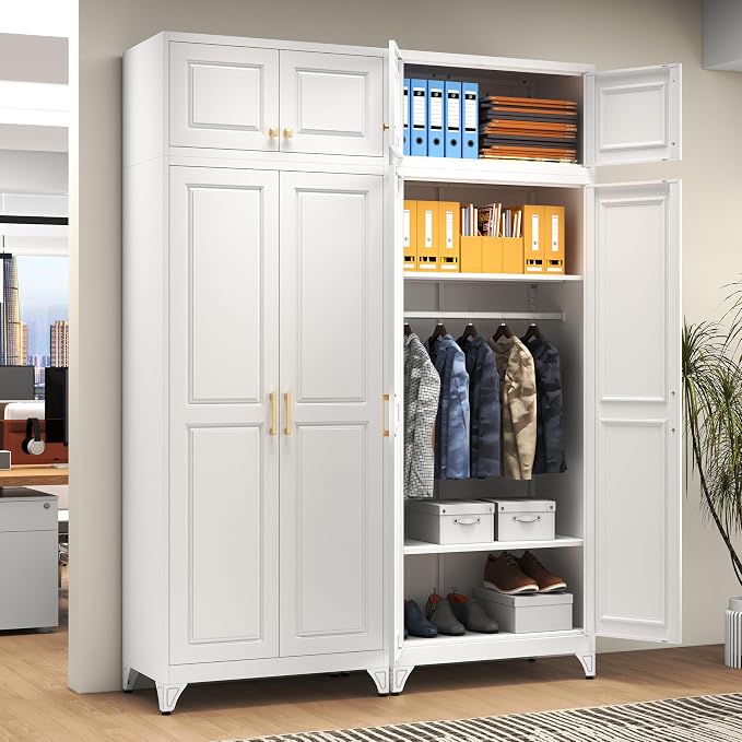 Polup 86" Tall White Metal Armoire Wardrobe Closet with Hanging Rod | Heavy Duty Steel Clothing Storage Cabinet, 4 Doors, 180lbs Adjustable Shelves, Shipped in 2 Packages for Bedroom, Garage