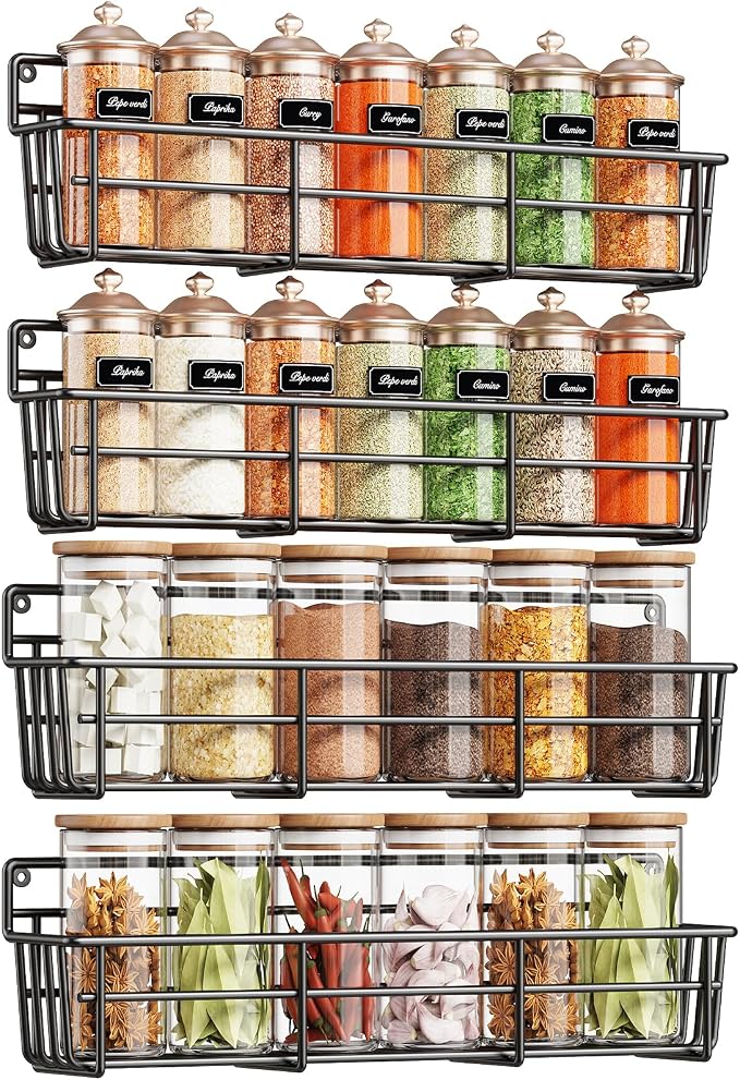Mystozer Spice Rack Organizer Wall Mount, Hanging Spice Pantry Storage Shelf Organization, 4 Pack Space Saving Seasoning Organizer for Kitchen Cabinet, Door or Bathroom, Black
