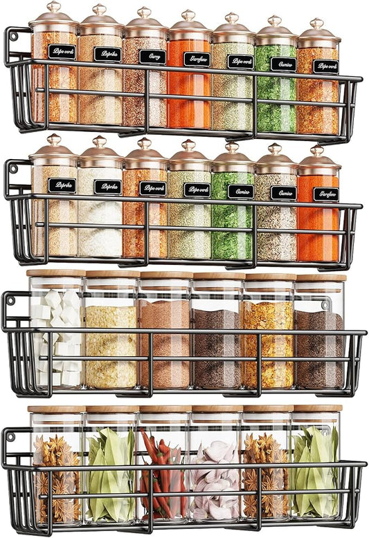 Mystozer Spice Rack Organizer Wall Mount, Hanging Spice Pantry Storage Shelf Organization, 4 Pack Space Saving Seasoning Organizer for Kitchen Cabinet, Door or Bathroom, Black