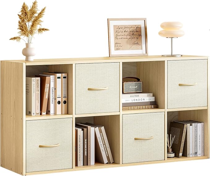 EXPERLAM 8 Cube Storage Organizer - Solid Wood Bookshelf with 4 Storage Bins, Cube Shelf with 2 Removable Back Panels, Vertical or Horizontal Bookcase, Open Book Shelf for Bedroom, Living Room, Office