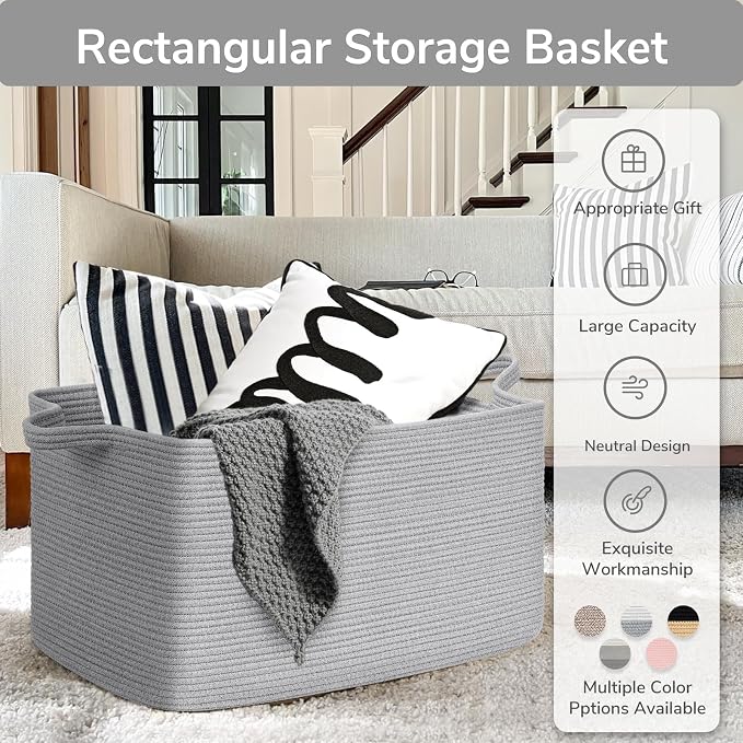 Goodpick 85L Large Woven Blanket Basket 23.6" x 15.7" x 13.8" Cotton Rope Storage Organizer for Dirty Clothes Pillows, Rectangle Toy Storage Basket for Nursery Bedroom, Gray