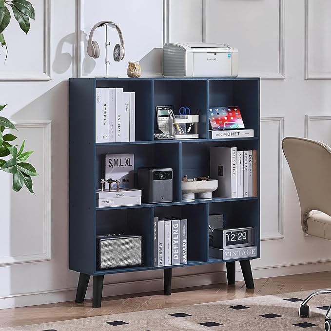 LEYAOYAO 8 Cube Bookshelf,Mid-Century Modern Book Shelf with Legs,Dark Blue | 3 Tier Bookcase, Rustic Wood Bookshelves Freestanding Large Storage Organizer, Open Shelves for Bedroom, Living Room, Office