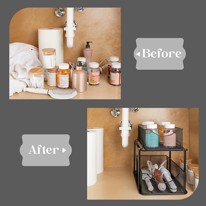 Sorbus 2 Sets of 2 Tier Metal Under Sink Organizer for Bathroom, Kitchen, Strong Steel Mesh Sliding Drawers for Under Sink, Under Cabinet, Closet, Kitchen, Pantry, Bathroom Organizers and Storage