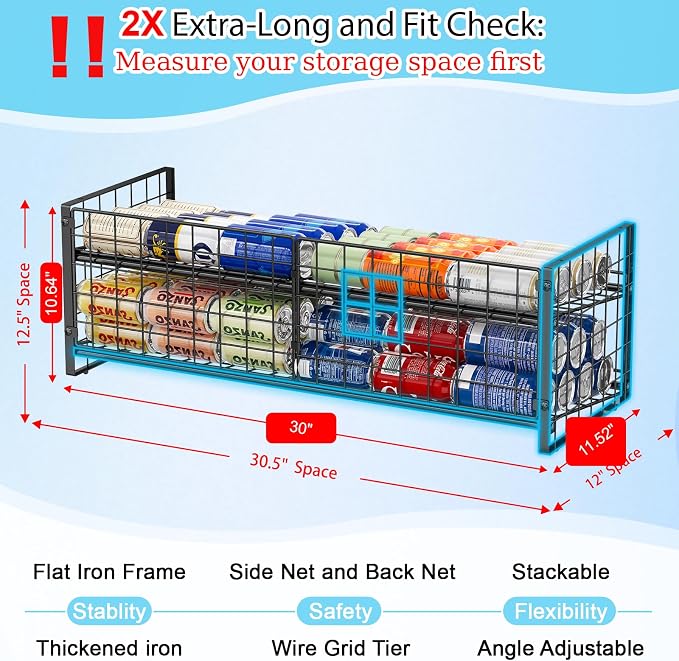 2-Tier Stackable Can Rack Organizer for Pantry Shelf, Extra-Long Can Holder for Kitchen Organization,Heavy Duty Can Dispenser for Canned Food Soup Goods up to 64 in Cabinet Storage, Black