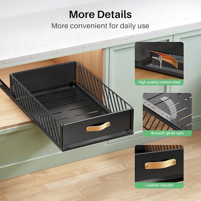 Pull out Cabinet Organizer,Heavy Duty Slide out Pantry Shelves Drawer Storage with Adhesive Nano Film,Sliding Mesh Cabinet Basket with Handle for Kitchen, Bathroom, Home, 13.8"W X 21"D X6.2"H,Black