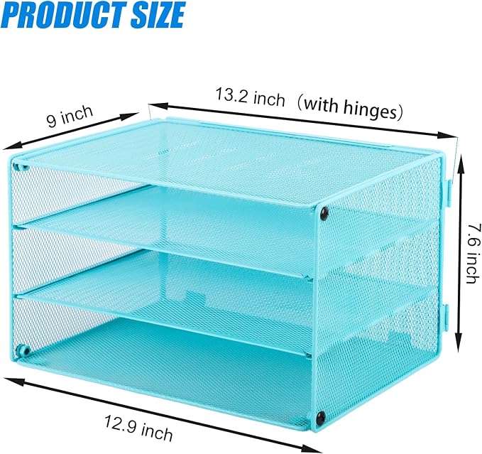 Paper Organizer Tray, 3 Tier Mesh Desk File Organizer Letter Sorter Holder for Home Office, Blue