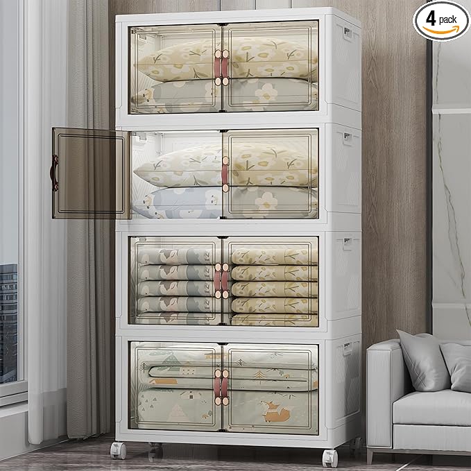 UAMFURI 700QT Stackable Storage Bins with Lids, Storage Cabinet with Wheels | Clear Doors Lockable Storage Bins Collapsible Closet Organizer for Space Saving Easy Assembly Extra Large Capacity Heavy Duty