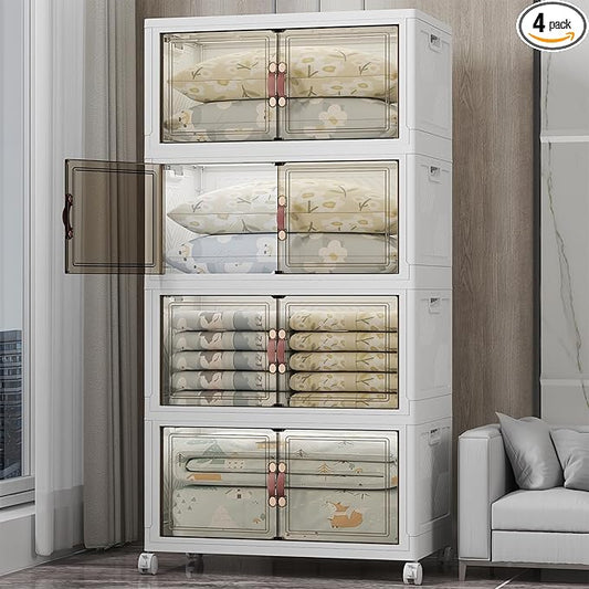 UAMFURI 700QT Stackable Storage Bins with Lids, Storage Cabinet with Wheels | Clear Doors Lockable Storage Bins Collapsible Closet Organizer for Space Saving Easy Assembly Extra Large Capacity Heavy Duty