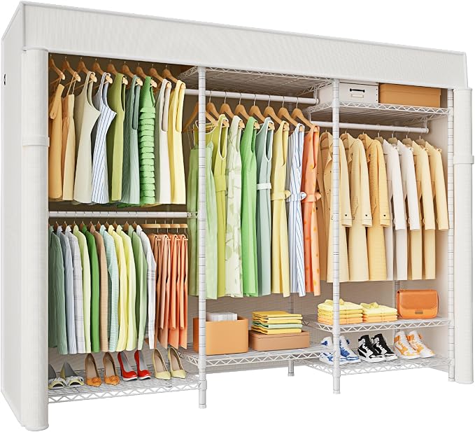 E13C Heavy Duty Closet Organizer System，Freestanding Clothing Racks for Hanging Clothes，Adjustable Garment Rack 63" W x 16" D x 77" H Hold 960 lbs，White Clothing Rack with White Dustproof Cover
