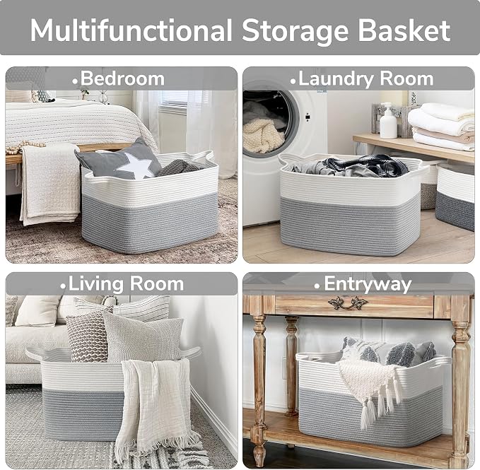 Goodpick Large Cotton Rope Toy Storage Basket, Rectangle, White Gray | 21.6 x 14.9 x 11.8 in, Reinforced Handles, Living Room, Nursery & Bedroom Organization, Toys, Blankets & Clothes Storage