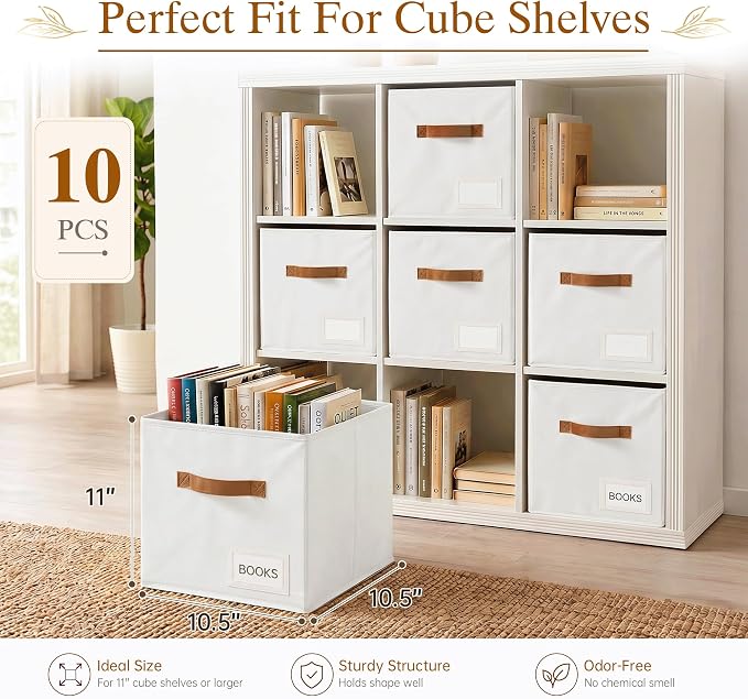 Storage Cubes 10 Pack, 11 Inch Fabric Storage Cubes Organizer Bins with Labels, Odor-Free & Sturdy PP Structure, Cubby Baskets for Closet, Shelves, Toys & Nursery (White)