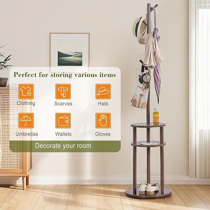 VECELO Coat Rack Freestanding, Entryway Hanger Stand, Umbrella Holder, Hall Tree With Hooks, Floor Standing Tree Stand,Walnut