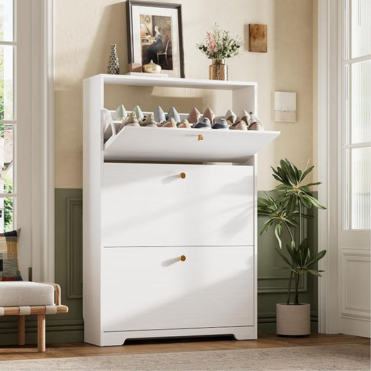 Nicetree Shoe Cabinet with 3 Flip Drawers, Narrow Shoe Organizer Cabinet, Freestanding Shoe Rack Cabinet, Modern Shoe Storage Cabinet for Entryway, Hallway, Foyer, White