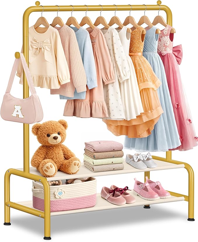 Kids Gold Clothing Rack - Dress Up Clothes Rack - Baby Toddler Closet - Freestanding Coat Racks with 2 Fabric Shelves - Small Kids Costume Wardrobe - Garment Rack for Hanging Clothes Organizer