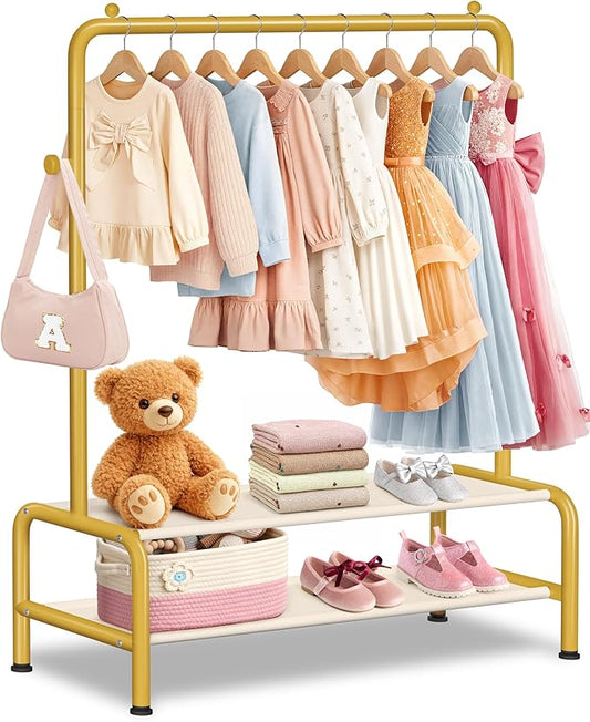 Kids Gold Clothing Rack - Dress Up Clothes Rack - Baby Toddler Closet - Freestanding Coat Racks with 2 Fabric Shelves - Small Kids Costume Wardrobe - Garment Rack for Hanging Clothes Organizer