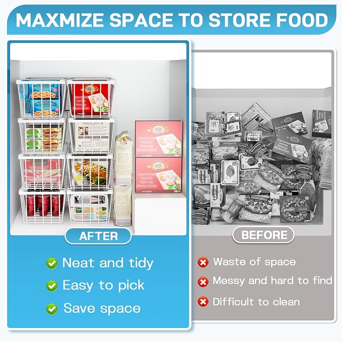 SUNALLY Freezer Organizer Bins, 8 Pack Stackable Pantry Storage Bins, White | Chest Freezer Organizer for 5-7 Cu.FT Deep Freezer to Sort Frozen Meats & Food, Wire Baskets for Pantry Organizers & Storage