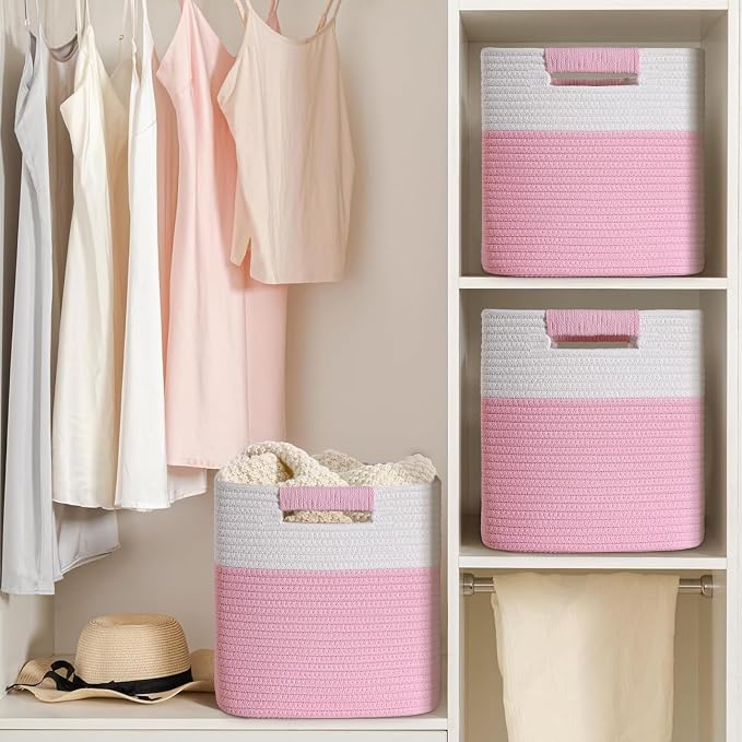 11 Inch Storage Cubes, 3 Pack Cube Storage Bins for Organizing, Cotton Rope Woven Baskets for Shelves, Bathroom, Kids Room, Closets, Baby Nursery