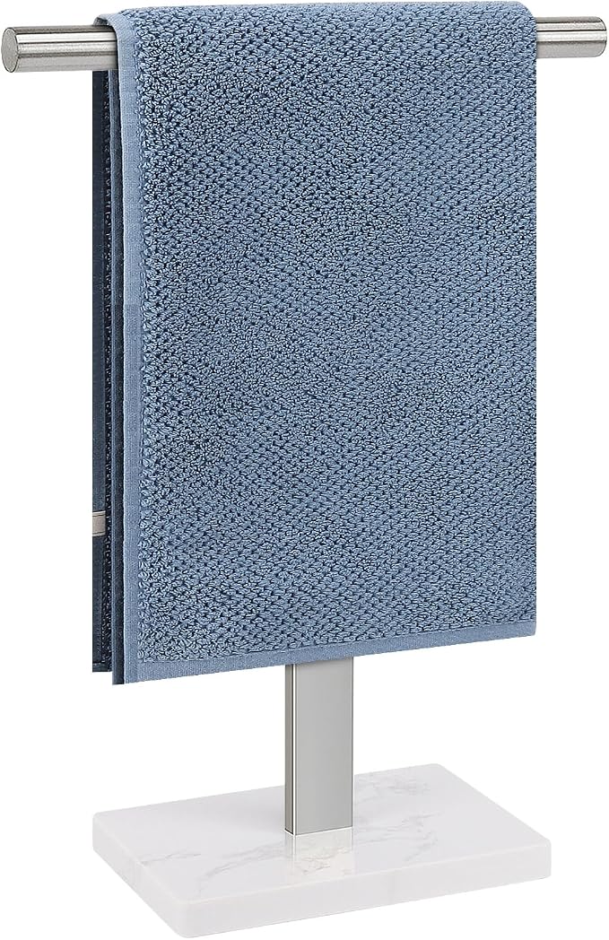 Hand Towel Holder, T-Shape Hand Towel Stand for Bathroom, Hand Towel Rack Bar Standing for Vanity Kitchen Countertop, 304 Stainless Steel (Marble Base, Brushed)