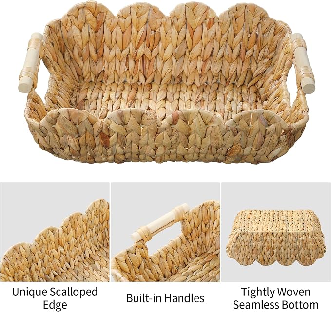 Coeusy Gift Basket, Cute Wicker Basket for Gifts, Scalloped Woven Water Hyacinth Storage Basket with Wooden Handles for Snack, Display, Shelves, 2 Pack