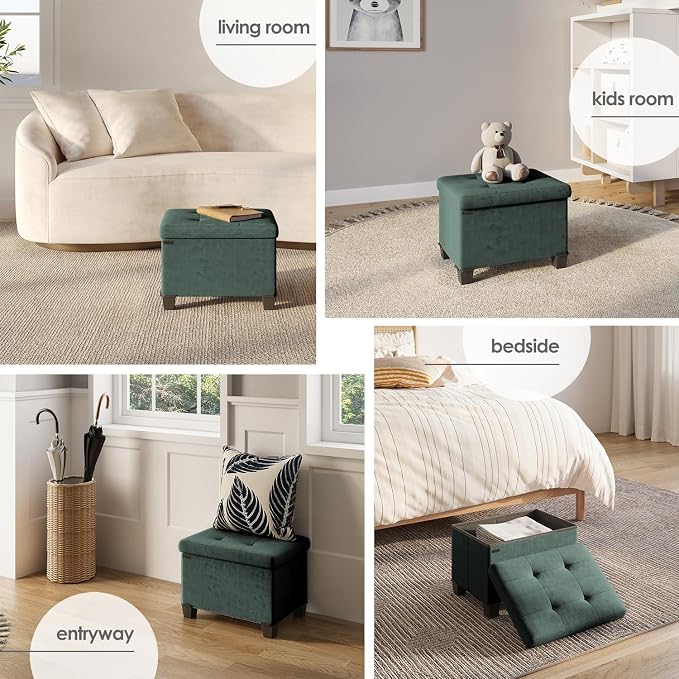 Storage Ottoman Cube with Small Bin, 16-in Square Ottoman with Storage for Living Room and Bedroom, Small Ottomans Foot Rest, Velvet Foot Stools Ottomans Max 330lbs, Green