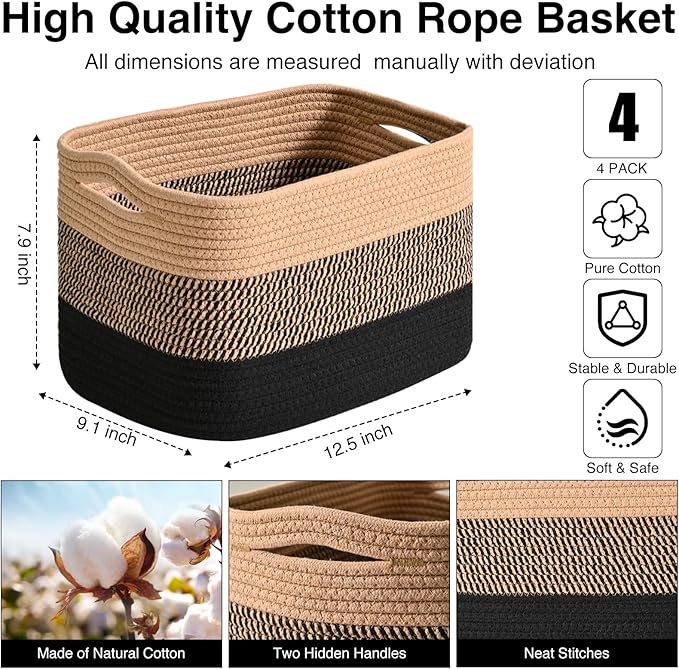 ICERZCZ Storage Baskets for Shelves Organizing, Woven Cotton Rope Baskets for Storage, Book Basket, Towel Basket, 12.5"Lx9.1''Wx7.9''H (4 Packs) Gradient Black & Jute