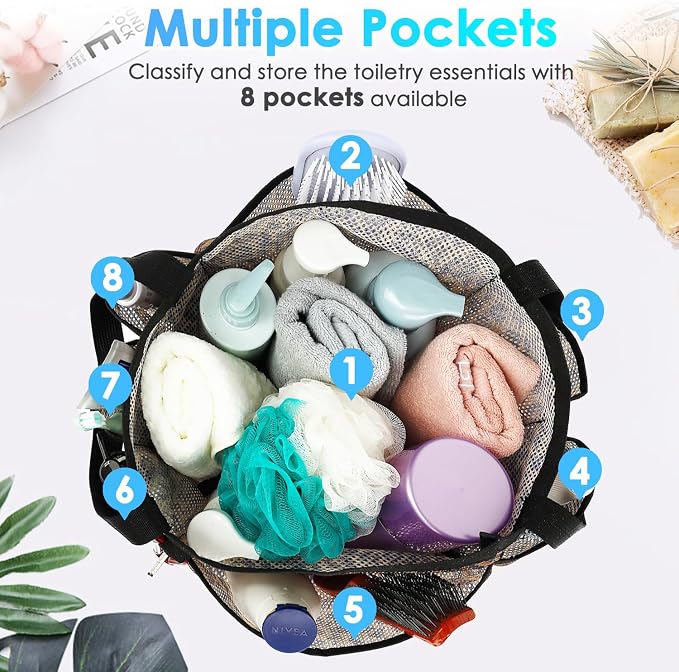 Fammart Mesh Shower Caddy Portable for College Dorm Room Essentials, 8-Pocket Large Shower Basket Tote Bag with 2 Handles for Toiletry, Bathroom, Beach, Camp, Gym