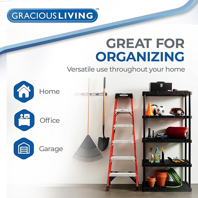 Gracious Living 2-Pack 5 Shelf Unit, Storage Shelves and Rack for Home | Multipurpose and Heavy-Duty Garage Plastic Shelving Organizer - Ideal for Kitchen, Closet, and Pantry, Black