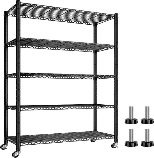 REIBII 5 Tier Storage Shelves with Wheels,1980LBS Metal Shelving for Garage | 25mm thickened pipes, 396 lbs/shelf, lock casters or switch to leveling feet, tool-free setup, fits pantry & kitchen