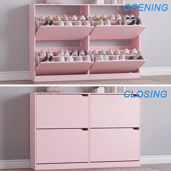 BORNOON Shoe Cabinet with 4 Flip Drawers, Narrow Hidden Shoe Storage Cabinet, Slim Freestanding Shoe Rack Organizer for Entryway, Hallway, Bedroom, Living Room