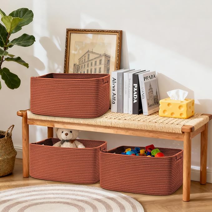 4 Pack Large Storage Basket for Organizing, 17.5"x13"x7" Woven Basket for Shelves, Closet Cube Storage Bins with Wrapped Handle, Cotton Rope Baskets for Kitchen, Clothes, Toys(Oxide Red)