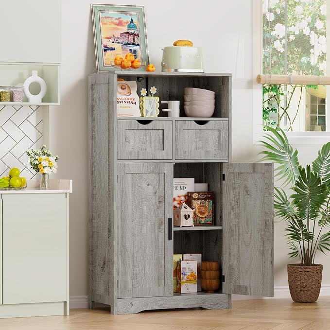 Iwell Storage Cabinet with 2 Drawers & 2 Adjustable Shelves | Kitchen Cabinet, Cupboard, for Living Room, Kitchen, Entryway, Home Office, Grey