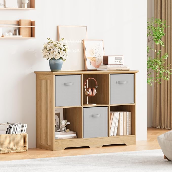 6 Cube Storage Organizer Shelf, Wood Cubby Storage with 3 Fabric Drawers | 2 Tier Wooden Bookshelf with 2 Adjustable Shelves, Fluted Side Panels Bookcase for Bedroom, Living Room, Home Office, Wood
