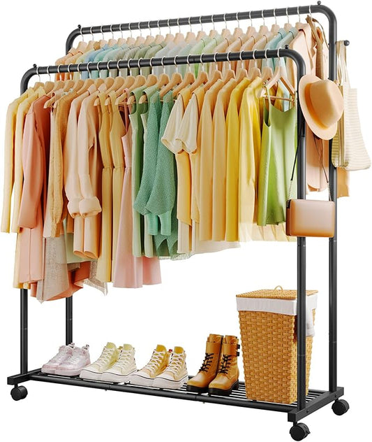 Sakugi Clothes Rack - Double Rods Clothing Rack with Mesh Shelf, Hooks & Wheels, Metal Clothing Racks for Hanging Clothes & Bags, Multifunctional Garment Rack for Laundry, Black, 47.2" x 16.9" x 59.1"