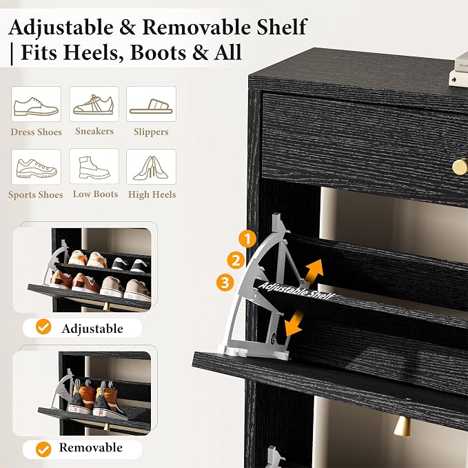 Nicetree Shoe Cabinet for Entryway, Slim Shoe Rack with 2 Flip Drawers and Top Storage Drawer, Narrow Shoe Organizer with Printed Rattan-Look Design, Entryway Shoe Storage for Size 12 Shoes, Black