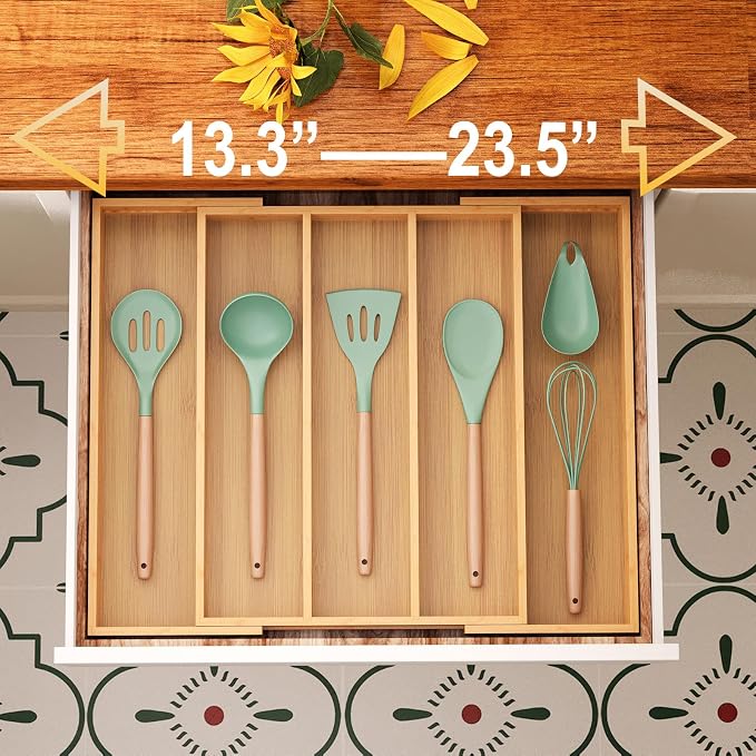 Fibogollo Expandable Bamboo Silverware Organizer, Kitchen Drawer Organizer | Flatware and Utensils Organizer Tray, Cutlery Organizer for Kitchen Drawer，Utensil Holder（13.3-22.8 x 16.9 x 2 inch）