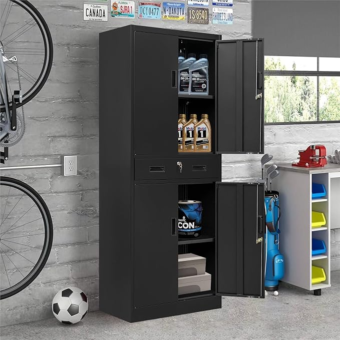CJF 71" H Tall Metal Storage Cabinet with Drawer, Locking Garage Cabinet with 2 Adjustable Shelves, Heavy-Duty Tool File Storage Cabinets for Home Office, Kitchen, Warehouse, Shop (Black)