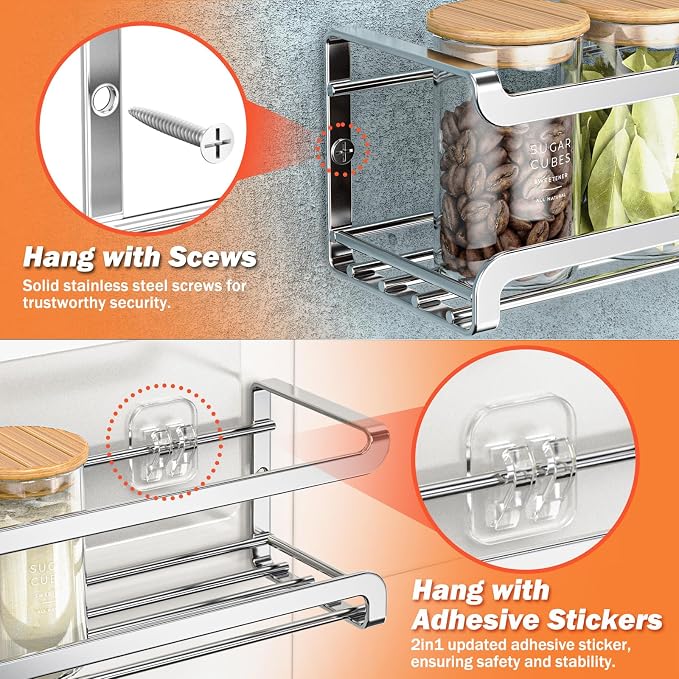 Bunoxea Spice Rack Wall Mounted 2 Pack, Silver,For Spice Jars & Seasonings | 2 Removalble Hooks,Screw or Adhesive Hanging, Space-Saving,For Kitchen Cabinet, Pantry Door,Stove,RV Use,11.41x2.75x2.75in