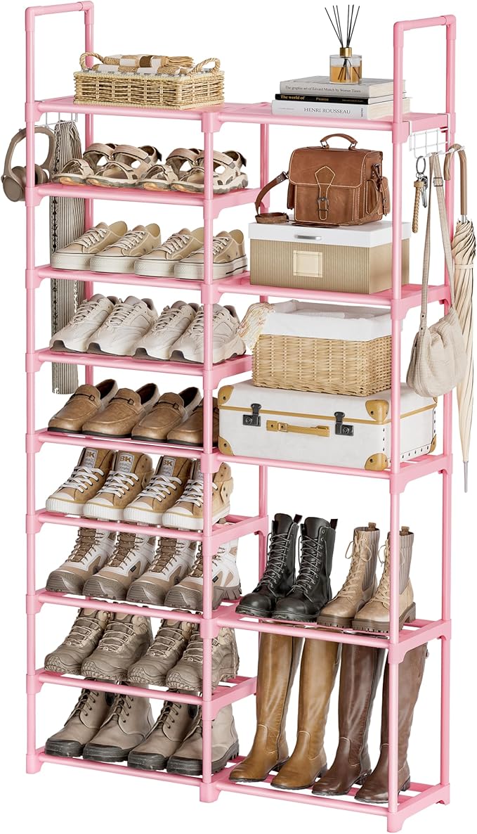WOWLIVE 9 Tier 2-Column Shoe Rack, 30-35 Pairs Stackable Pink | Compact 33.75in long fits narrow spaces. Removable layers for boots/heels. Split design for flexible layout.