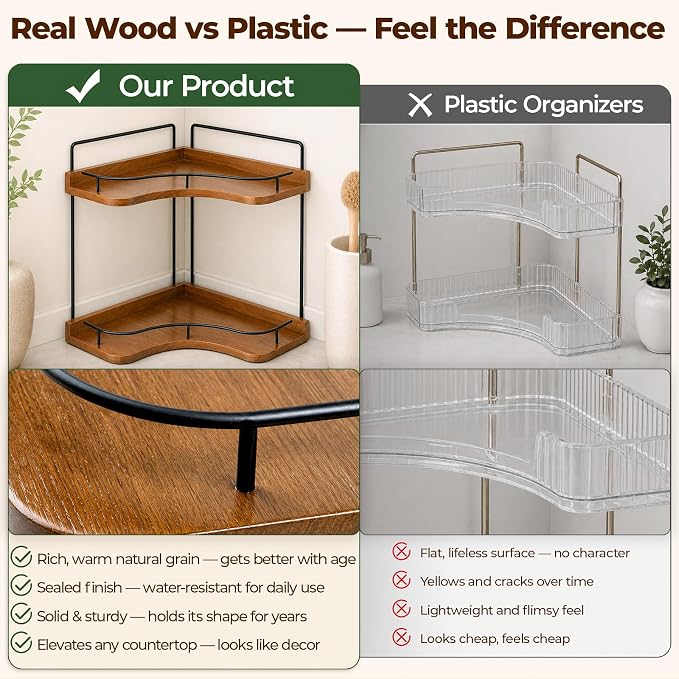 Rofio 2-Tier Corner Bathroom Counter Organizer with Solid Wood Shelf | Natural wood vanity storage rack for skincare & makeup. Fits bathroom, kitchen, bedroom & countertop corners.