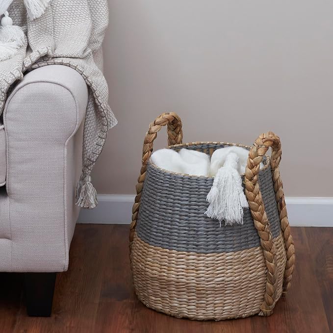 Household Essentials Handwoven Cattail and Paper Rope Terra Basket Decorative Storage Organizer, Natural and Gray Finish
