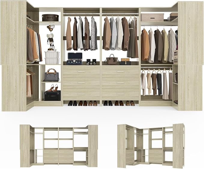 Aheaplus Closet System with 6 Drawers, 6 Hanging Rods & Corner Tower, Corner Closet System with Hanging, 112.5" U-Shaped Walk-In Wardrobe Organizer, 2000+ lbs Capacity, Set of 4, White Oak