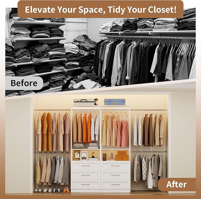Westcity Closet System with 6 Drawers, 4FT-15FT 2-Piece Closet System, Walk in Closet Organizer System, Modular Closet System with 10 Adjustable Hanging Rods & Shelves, Closet Storage System, White